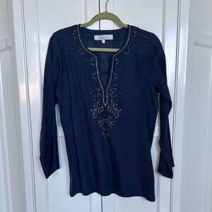 Bella Tu Navy Linen  Embellished 3/4 Sleeve Tunic